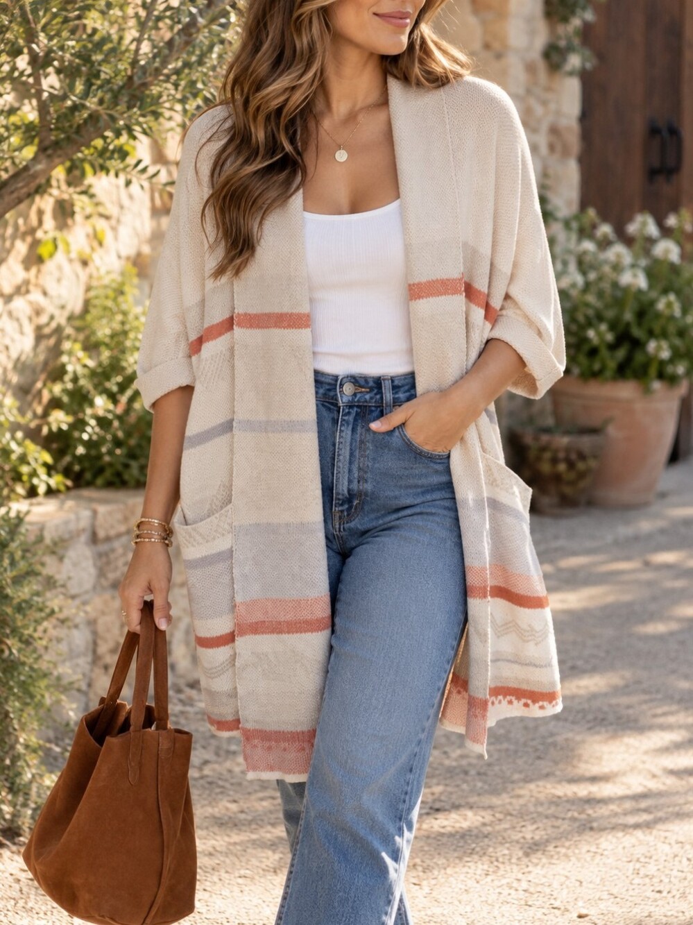 Gentle Fawn Cream Striped Open Front Long Cardigan Coral Gray Cotton Blend